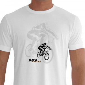 Camiseta - BMX Racing - Piloto Pedalando Explosão Física Fundo Sombra Branca