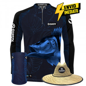 Super Combo VIP - Pro Elite Tucunaré Azul Blue Pesca Esportiva - Camisa + Punho Luva + Máscara + Chapéu DryUv50 + Envio Imediato
