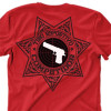 Camiseta - Tiro Esportivo - Ilustração Competidor Mira Arma Glock Costas Vermelha