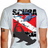 Camiseta - Mergulho - Espécies de Tubarão Bandeira Mergulhador Submerso Diver Down Scuba Diving Lisa Costas Branca