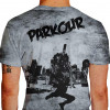 Camiseta - Parkour - Malha Efeito Street Urbano Salto Traceur Cidade Prédios Obstáculos Costas Cinza