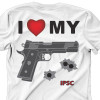 Camiseta - Tiro Esportivo - I Love My Arma Glock Marcas de Tiro IPSC Costas Branca