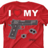 Camiseta - Tiro Esportivo - I Love My Arma Glock Marcas de Tiro IPSC Costas Vermelha