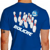 Camiseta - Boliche - Estampa Bola Jogada em Velocidade Pinos Assustados Costas Azul