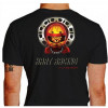 Camiseta - Kart - Caveira Piloto Efeito Fogo Capacete Catraca e Corrente Racing is in my Blood Costas Preta