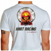 Camiseta - Kart - Caveira Piloto Efeito Fogo Capacete Catraca e Corrente Racing is in my Blood Costas Branca